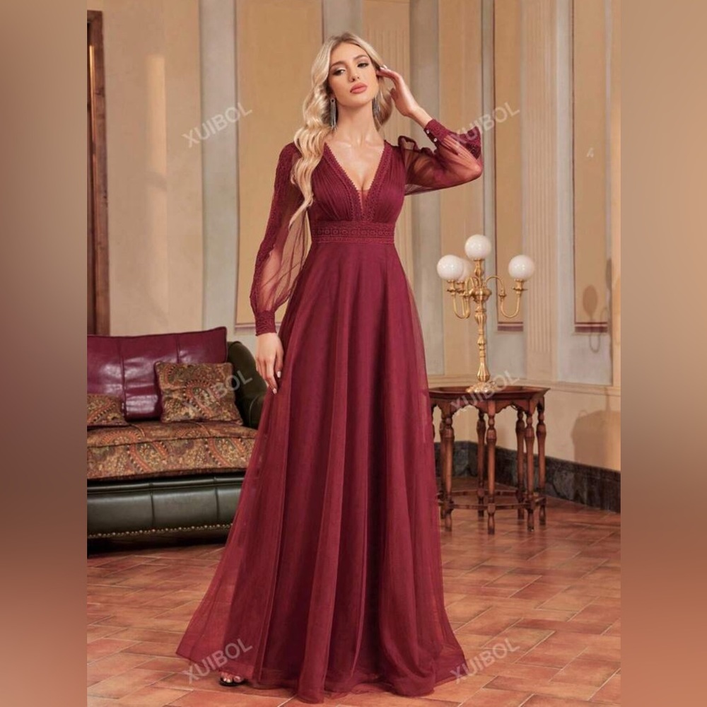 Floor Length Mesh Sleeve Formal Prom or Wedding Dress
